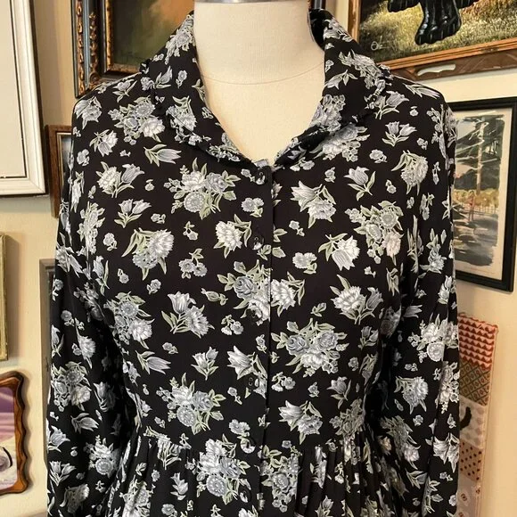 April Cornell 2X Floral Black & White Floral Dress With Long Sleeve & Tie Waist - Picture 2 of 5